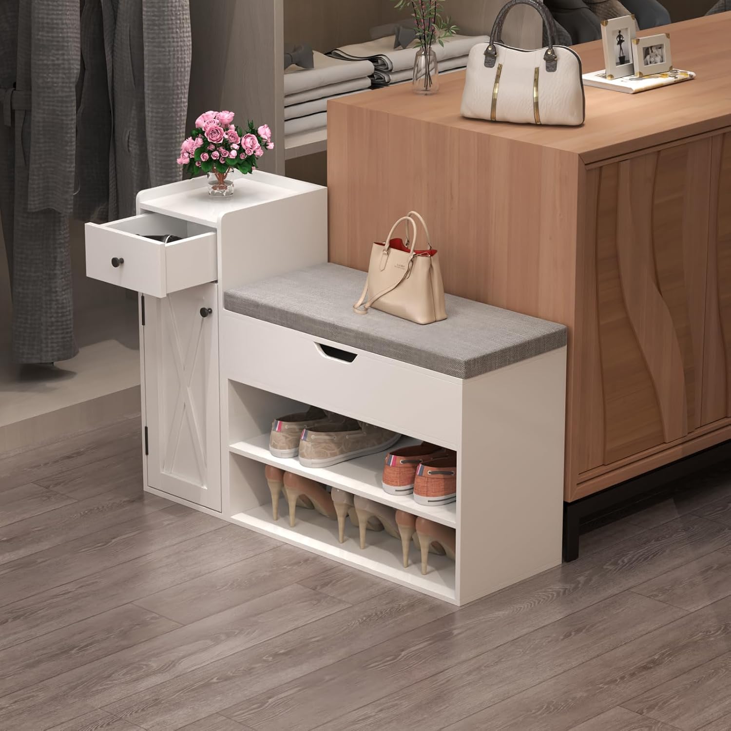 Loomie Shoe Storage Bench, 2-Tier Farmhouse Entryway Bench with Lift Top Storage Box, Drawer & Soft Removable Seat Cushion, Silm Shoe Rack with Shoe Cabinet for Entryway, Hallway, Bedroom, White