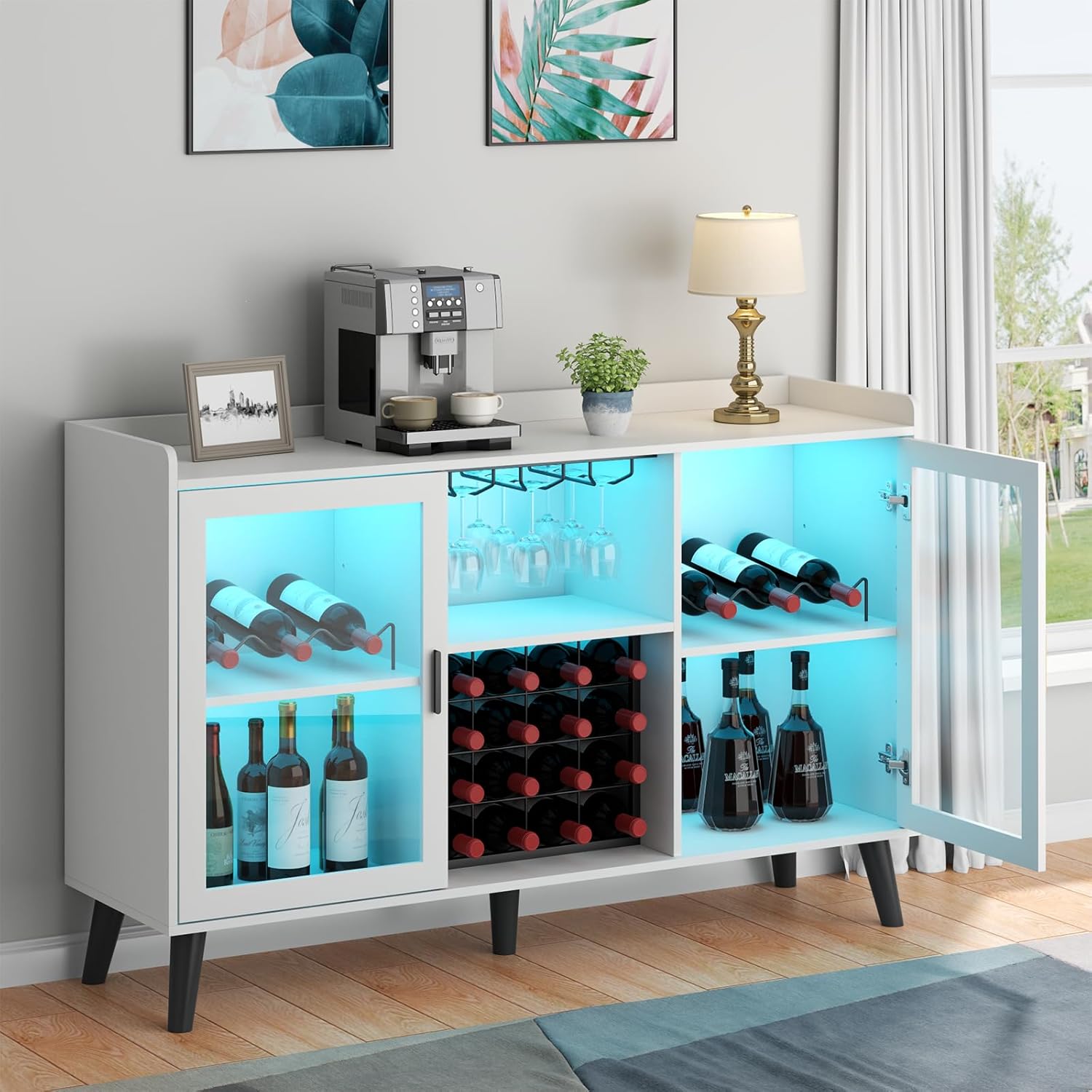 Loomie Wine Bar Cabinet with LED Light, Home Coffee Cabinet with Wine Rack and Glass Holder, Kitchen Buffet Sideboard W Storage Shelf, Freestanding Liquor Cabinet for Living Room, Dining Room (White)