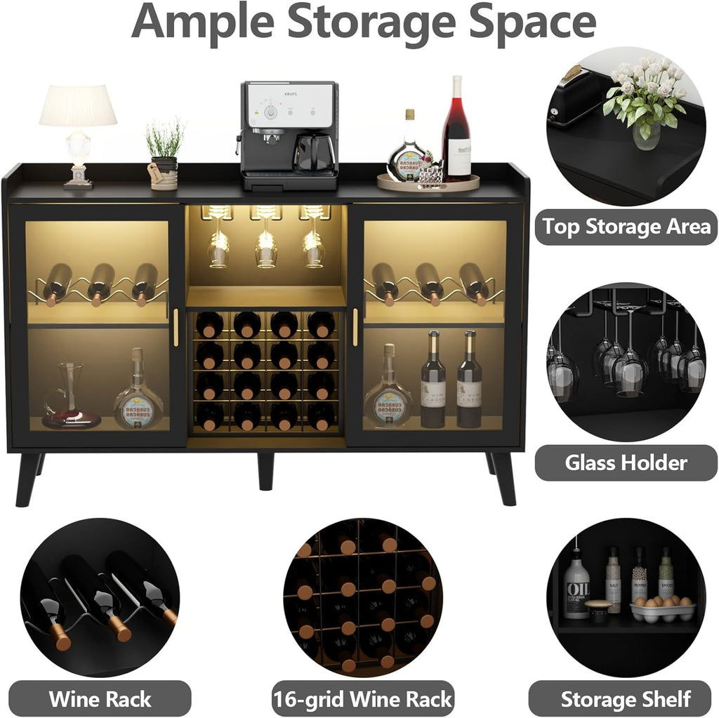 Loomie Wine Bar Cabinet with LED Light, Home Coffee Cabinet with Wine Rack and Glass Holder, Kitchen Buffet Sideboard W Storage Shelf, Freestanding Liquor Cabinet for Living Room, Dining Room (Black)