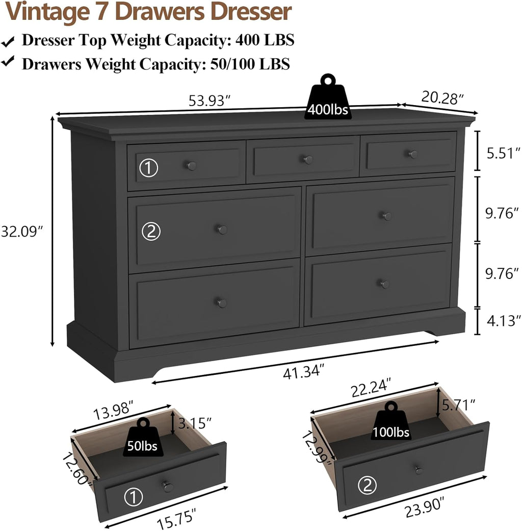 Loomie 7 Drawers Black Double Dressers Chests for Bedroom, Large Storage Dresser Organizer for Bedroom, Long Dresser Tv Stand, Vintage Solid Tall Closet Dresserss with Storage for Living Room, Hallway