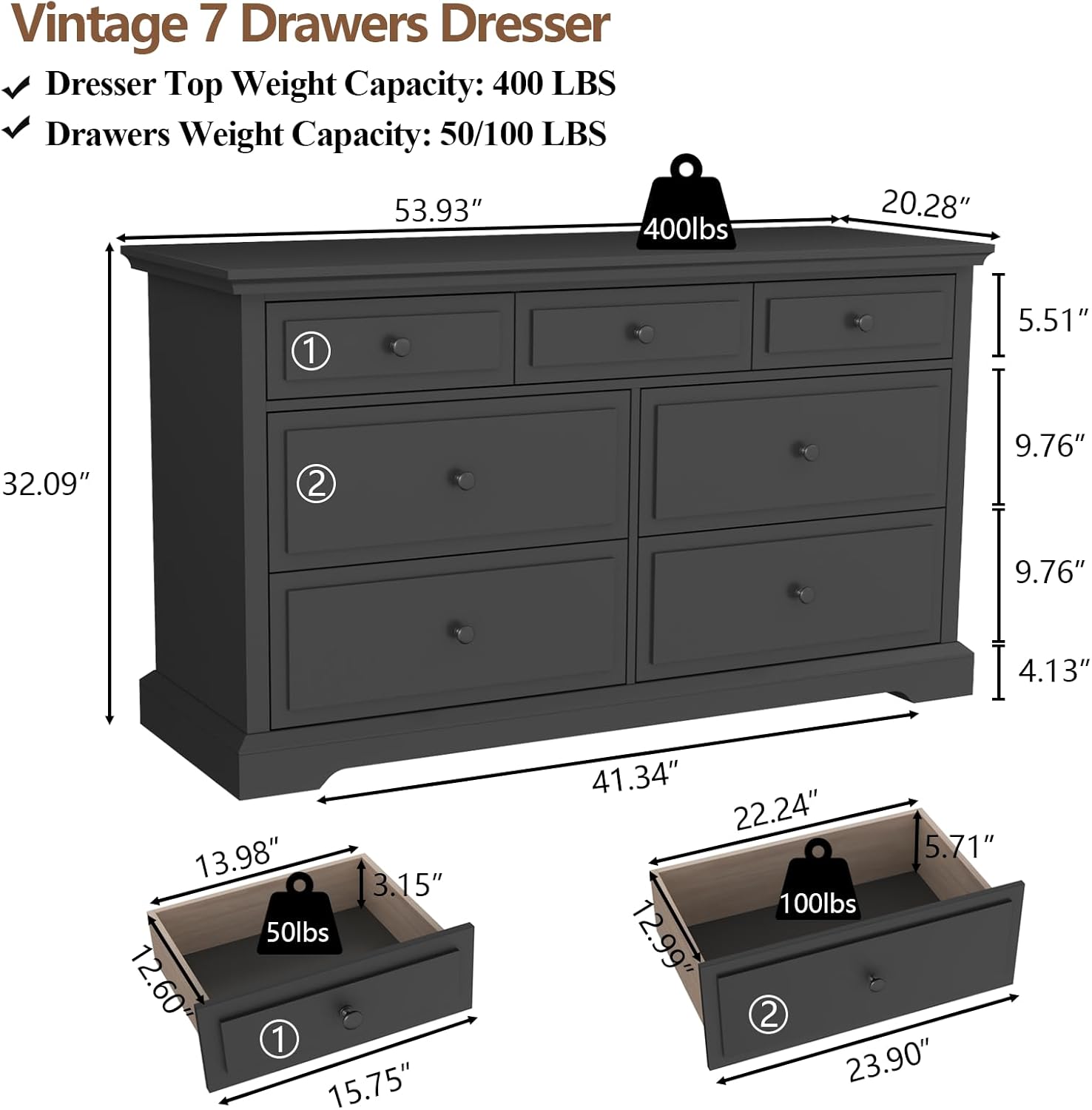Loomie 7 Drawers Black Double Dressers Chests for Bedroom, Large Storage Dresser Organizer for Bedroom, Long Dresser Tv Stand, Vintage Solid Tall Closet Dresserss with Storage for Living Room, Hallway