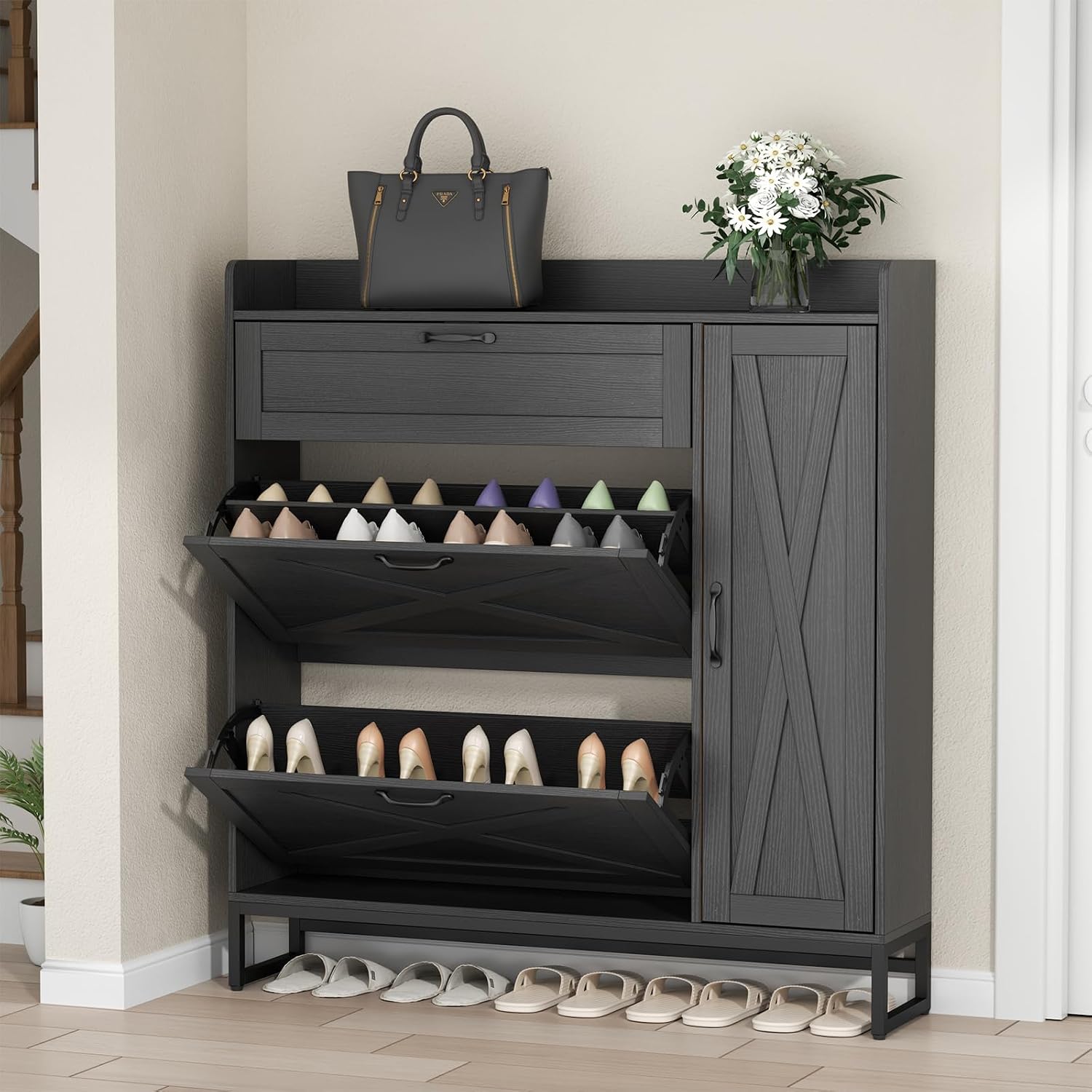 Auromie Free Standing Shoe Organizer with 2 Flip Drawers and Side Cabinet, Entryway Narrow Shoe Storage with Door for Hallway and Living Room (Black Plus)