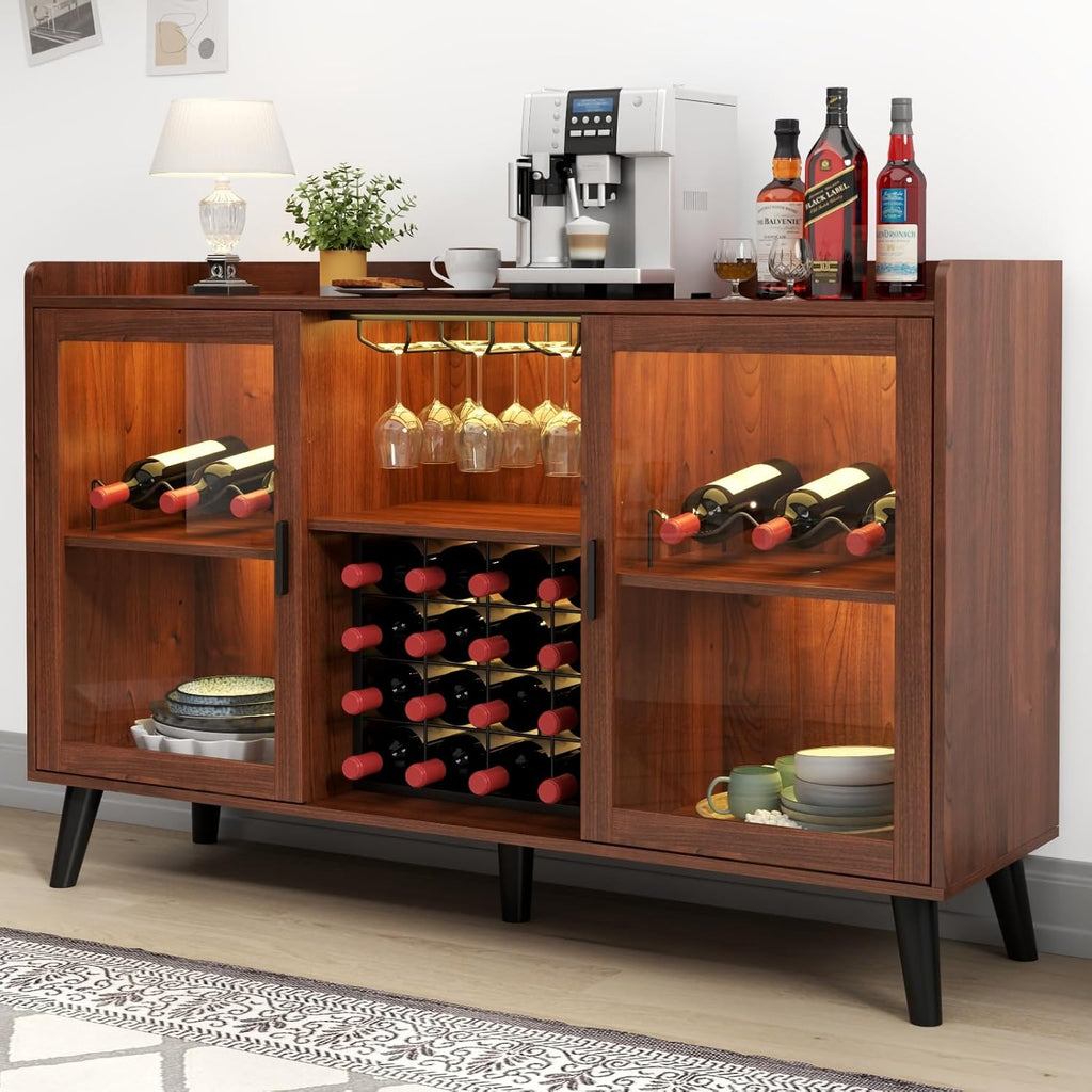 Loomie Wine Bar Cabinet with LED Light, Home Coffee Cabinet with Wine Rack and Glass Holder, Kitchen Buffet Sideboard W Storage Shelf, Freestanding Liquor Cabinet for Living Room, Dining Room (Walnut)