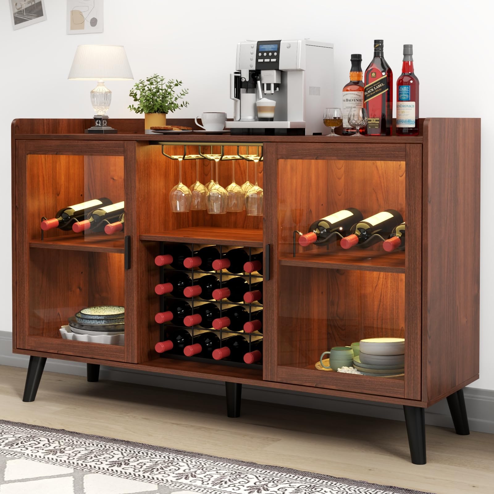 Loomie Wine Bar Cabinet with LED Light, Home Coffee Cabinet with Wine Rack and Glass Holder, Kitchen Buffet Sideboard W Storage Shelf, Freestanding Liquor Cabinet for Living Room, Dining Room (Black)