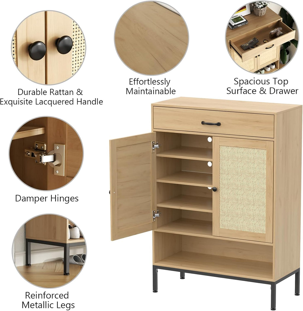 Loomie Rattan 5-Tier Shoe Storage Cabinet with Doors, Drawer & Cubby, 44.3" Boho Shoe Organizer for Entryway Hallway Closet (Natural)