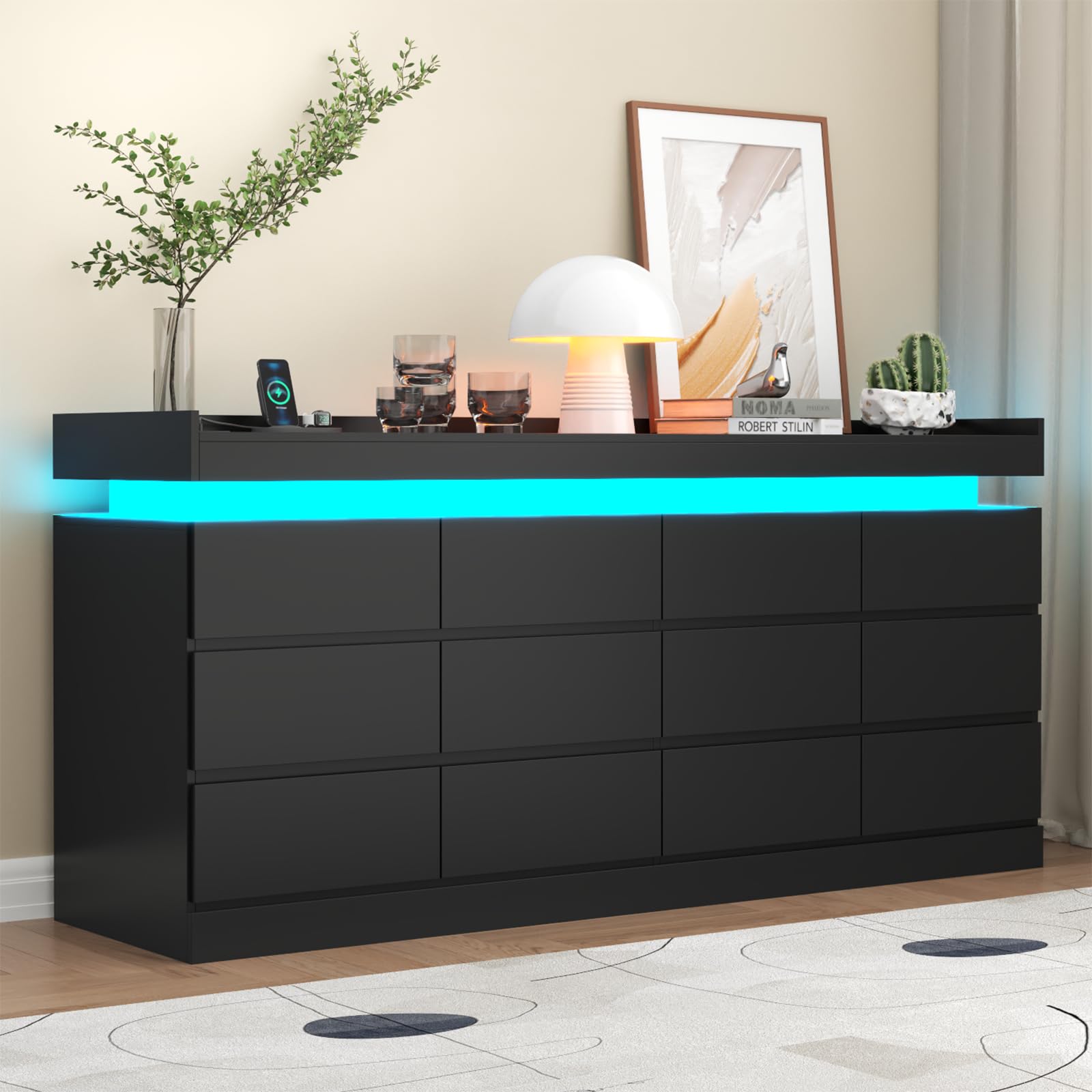 Gyfimoie 9 Drawer Dresser with Power Outlet, Dresser with LED Light, Modern Chest of Drawers for Closet, Double Wide Drawer Organizer Cabinet for Bedroom, Living Room (White, 9 Drawers)