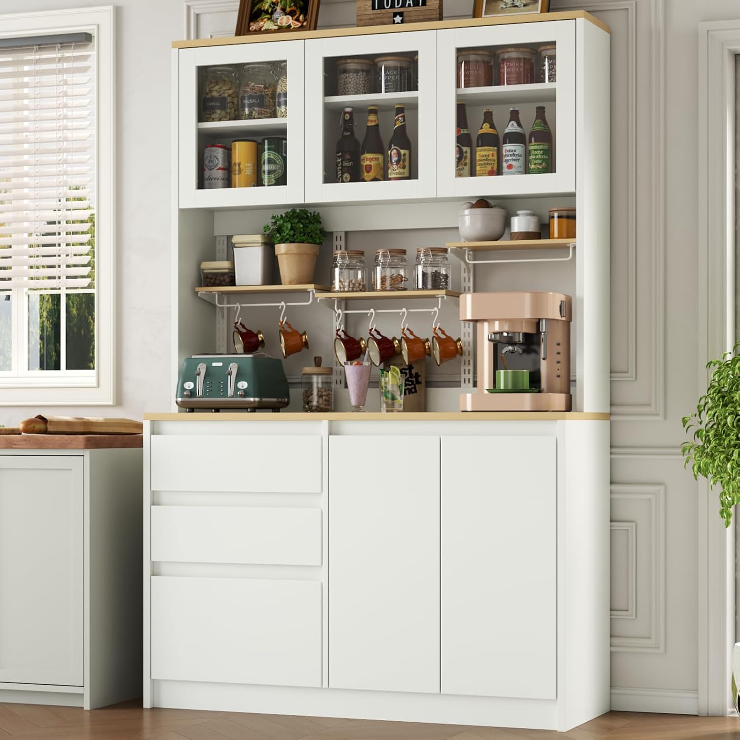 Loomie 71" Tall Kitchen Pantry Storage Cabinet, Large Kitchen Hutch with Glass Doors & 3 Drawers, Freestanding Buffet Cabinet with Adjustable Shelves, Food Pantry for Dining Room, White (White)