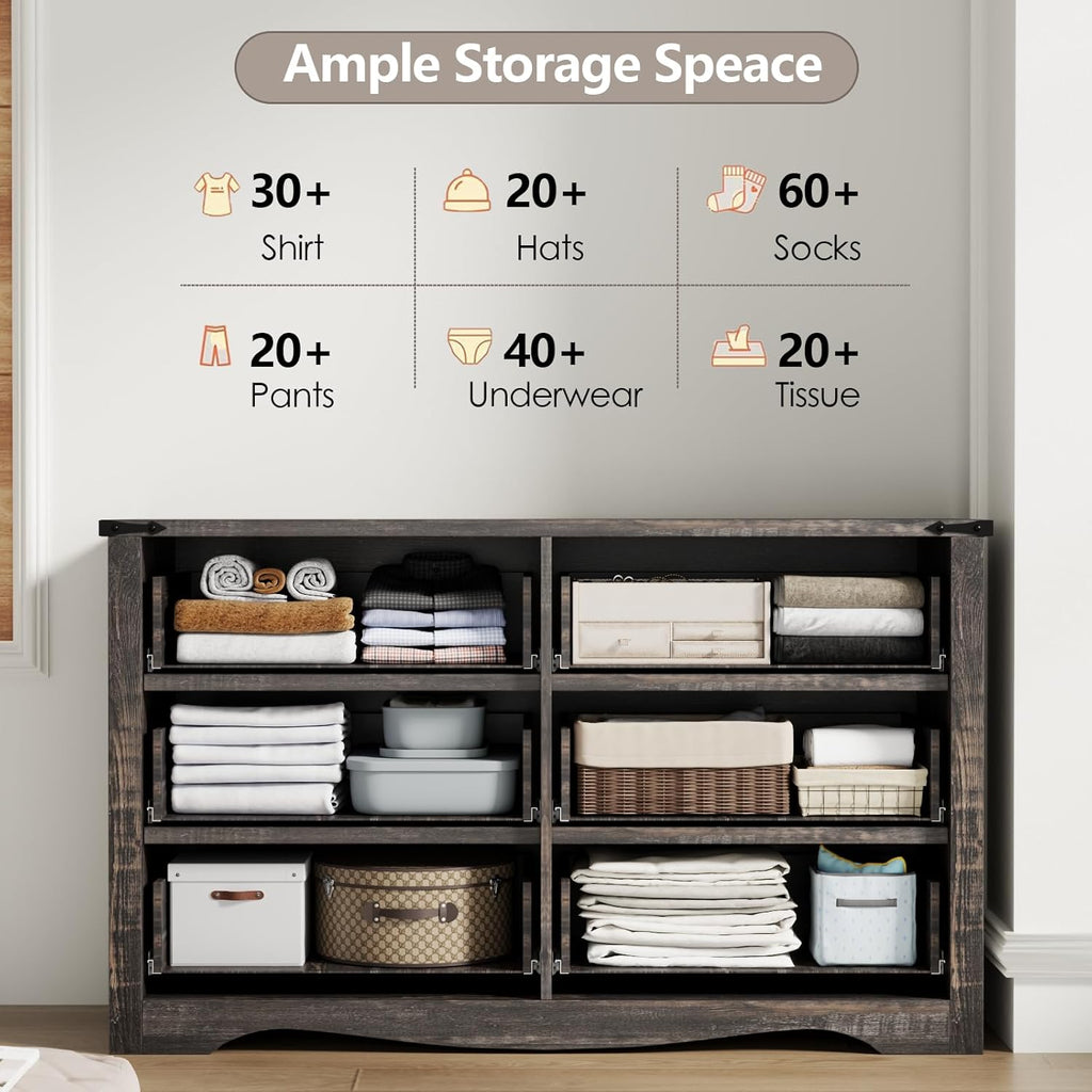 Loomie Farmhouse 6 Drawers Double Dresser for Bedroom, Modern White Dresser Chest of Drawers, Wide Dressers Organizer, Accent Storage Cabinet for Closet, Living Room, Hallway, Dark Rustic Oak