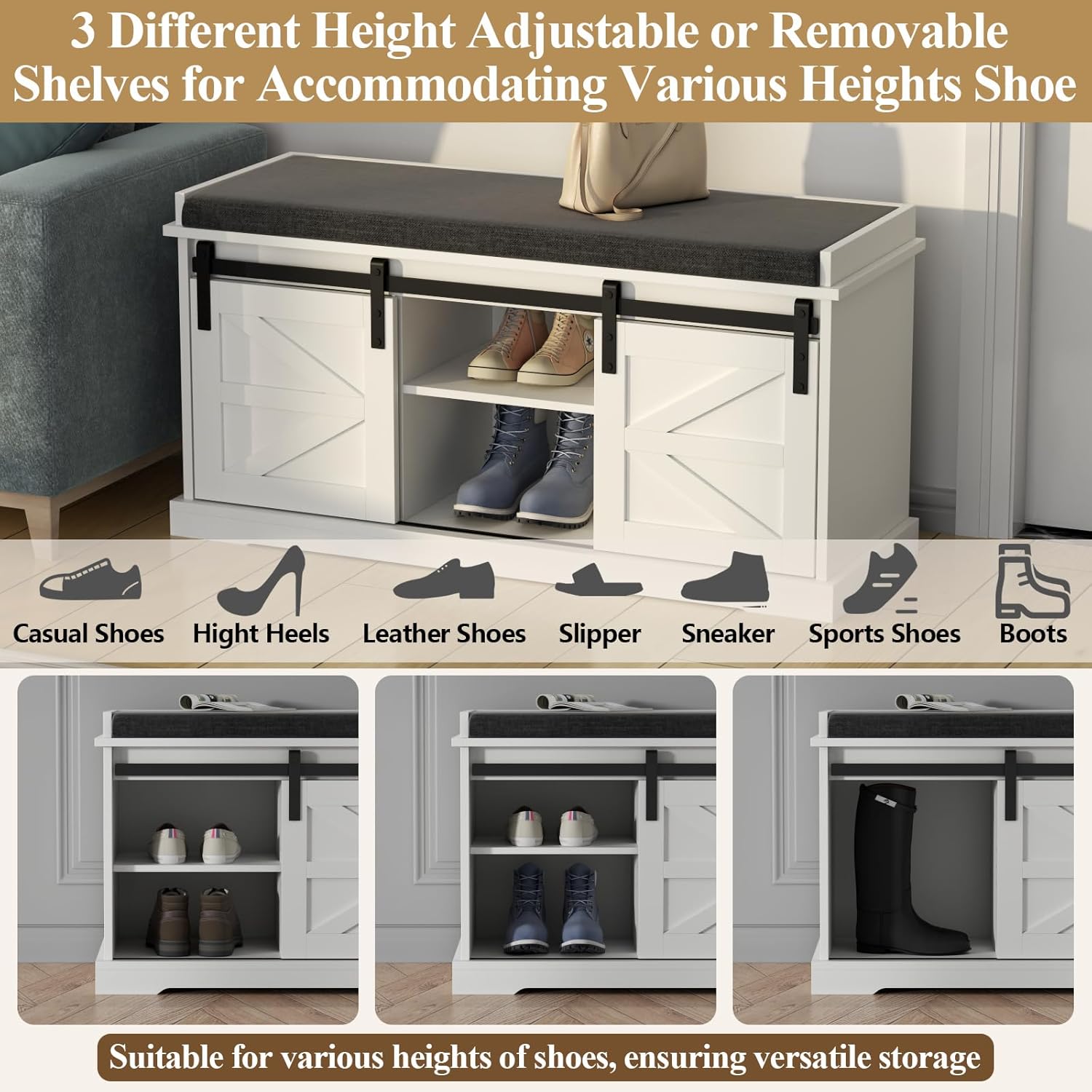 Loomie Shoe Storage Bench, 2-Tier Farmhouse Entryway Bench with Sliding Barn Door Storage Cabinets & Full Soft Removable Seat Cushion, Silm Shoe Rack with Shoe Cabinet for Entryway, Hallway, Bedroom