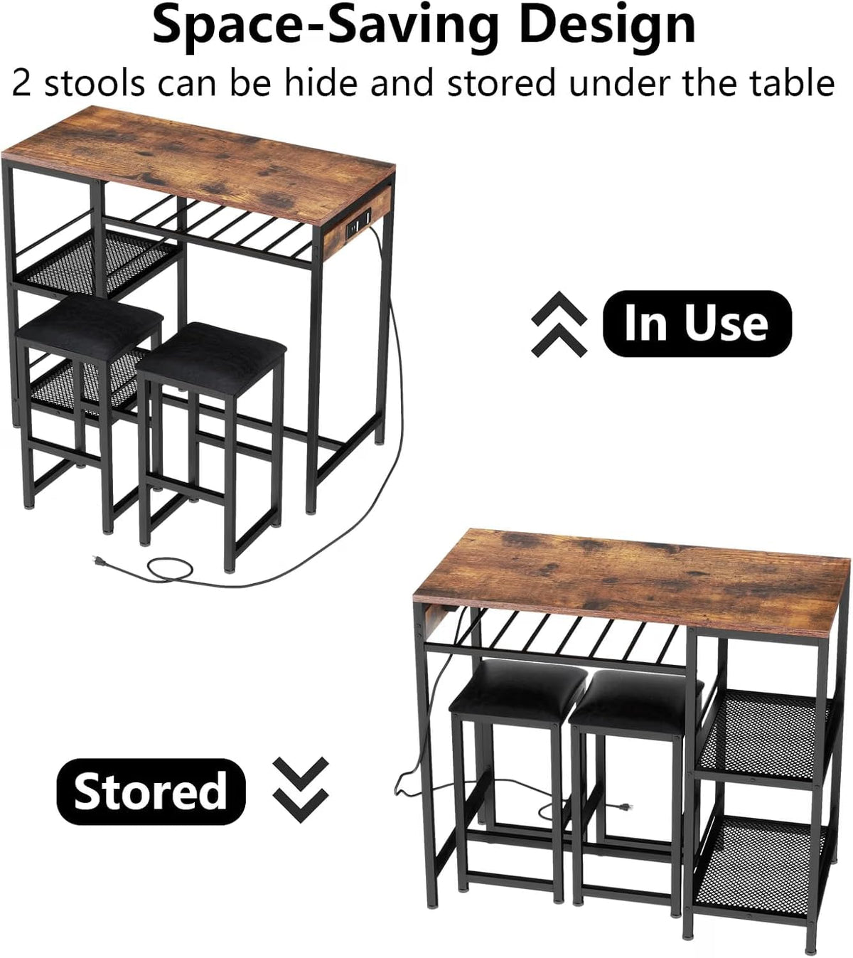 36"W Bar Table and Chairs Set of 2 with Power Outlet & 2 Shelves (Walnut)