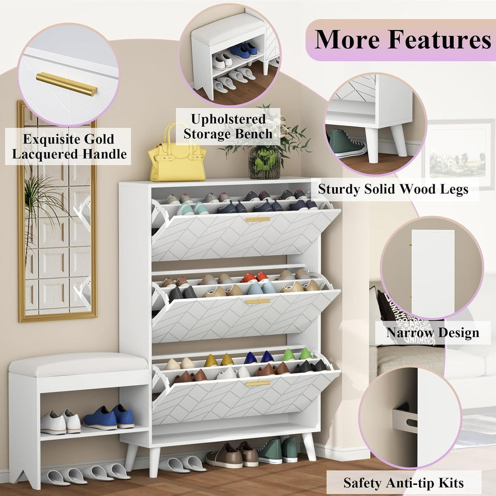Loomie Shoe Cabinet w/3 Flip Drawers, Shoe Storage Cabinet w/Bench for Entryway, Freestanding Narrow Hidden Shoe Rack Organizer with Open Shelf & Solid Wood Legs for Hallway,Living Room,Closet,White