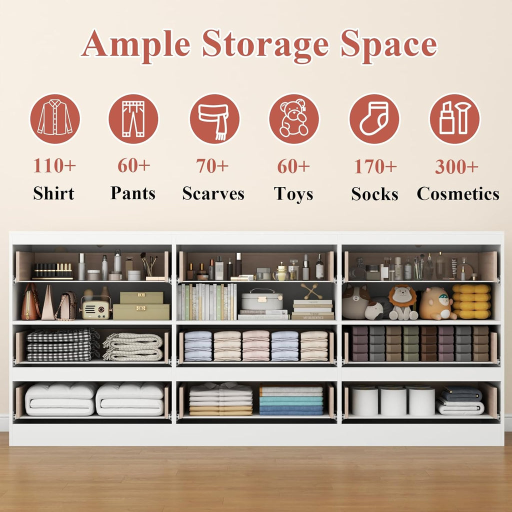 Loomie 9 Drawer Triple Dresser with Charging Station & Led Lights for Bedroom,Long 63" White Dresser TV Stand for TVs up to 75",Wide Large Drawer Dressers Organizer with 3 Open Cubbies for Hallway