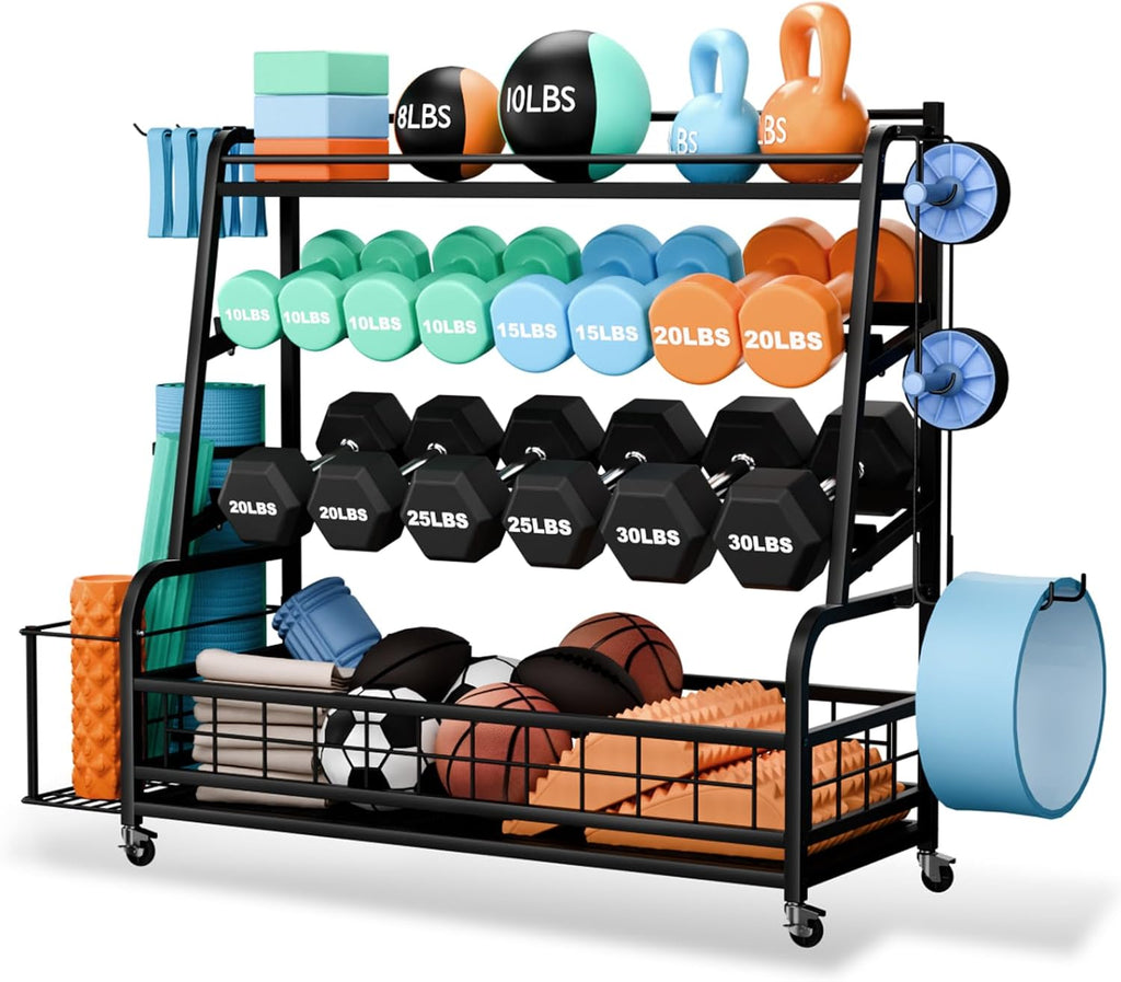 Updated XL Dumbbell Rack Stand, 4-Tier Adjustable Weight Rack for Dumbbells, Heavy Duty Home Gym Storage Rack for Kettlebell,Yoga Mat Holder, Equipment Storage Organizer with Wheels