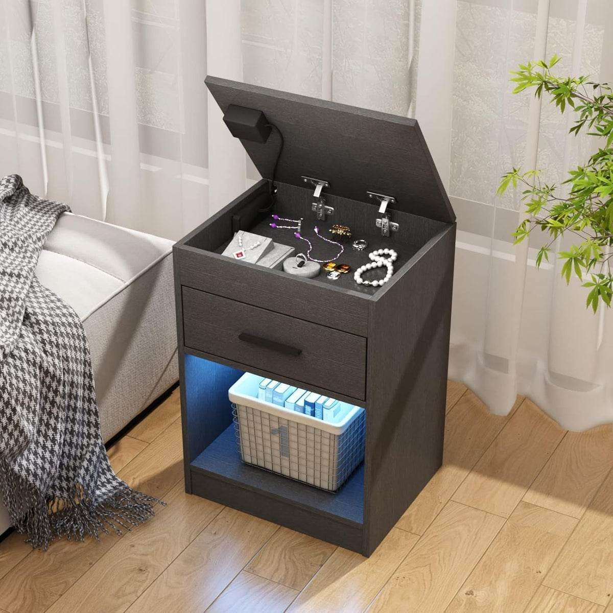 Auromie Set of 2 Nightstand with Charging Station and LED Lights, Bedside Table with Hidden Compartment for Valuables Storage, Concealment Furniture with Lock Cabinet and Power Outlets(Black- 2pcs)