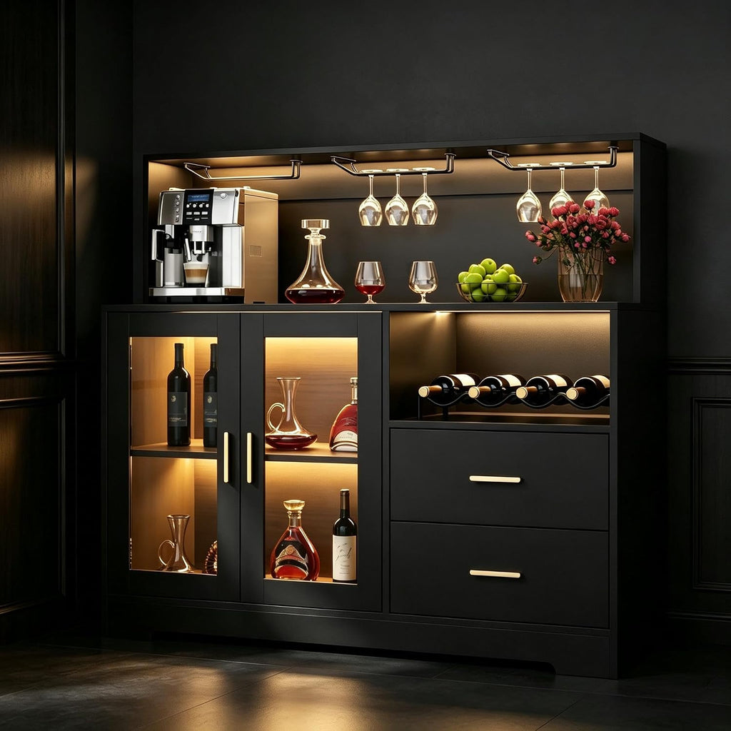 Gyfimoie Modern Bar Cabinet with LED Lights & Drawer,Coffee Bar Station
