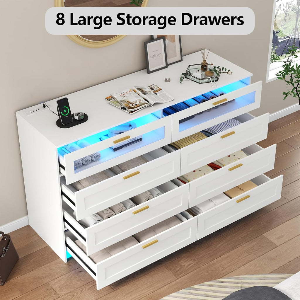 8 Drawers Dresser with Charging Station, White Dresser for Bedroom with LED Lights, Modern Chest of Drawers for Closet, Double Wide Dressers Organizer for Bedroom, Living Room, Entryway (White)