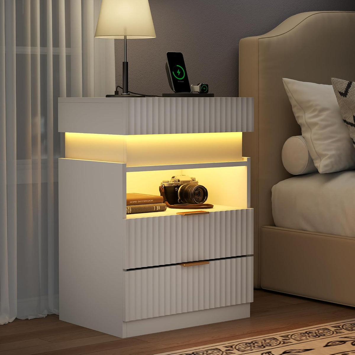 Night Stand with Wireless Charging Station, White Bedside Table with Hidden Gun Drawer & LED Lights, Modern End Table with 2 Drawers, Fluted Nightstands with Open Storage Shelf for Bedroom