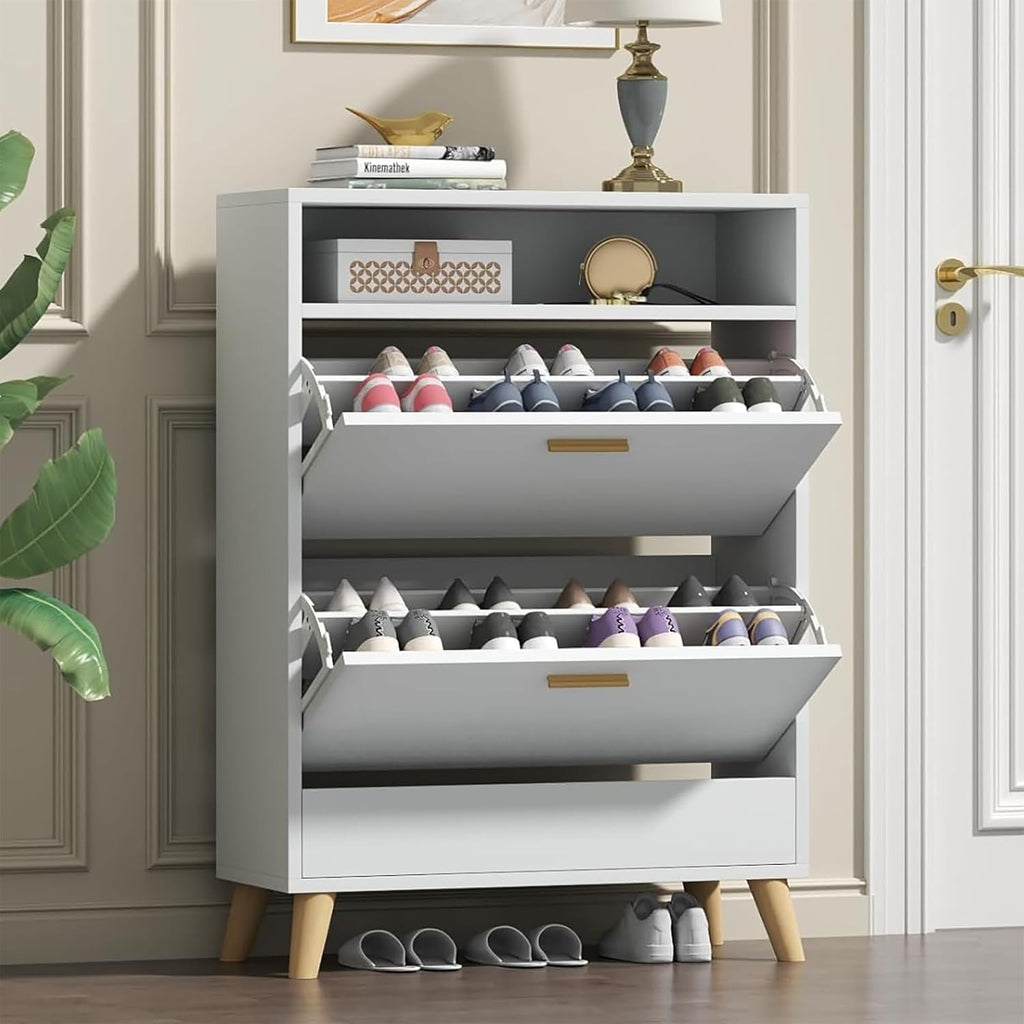 Loomie Shoe Storage Cabinet for Entryway, Free Standing Shoe Organizer with 2 Flip Drawers, Slim Narrow Hidden Shoe Rack Cabinet with Open Shelf, Shoe Cabinet for Hallway, Living Room (Off White)