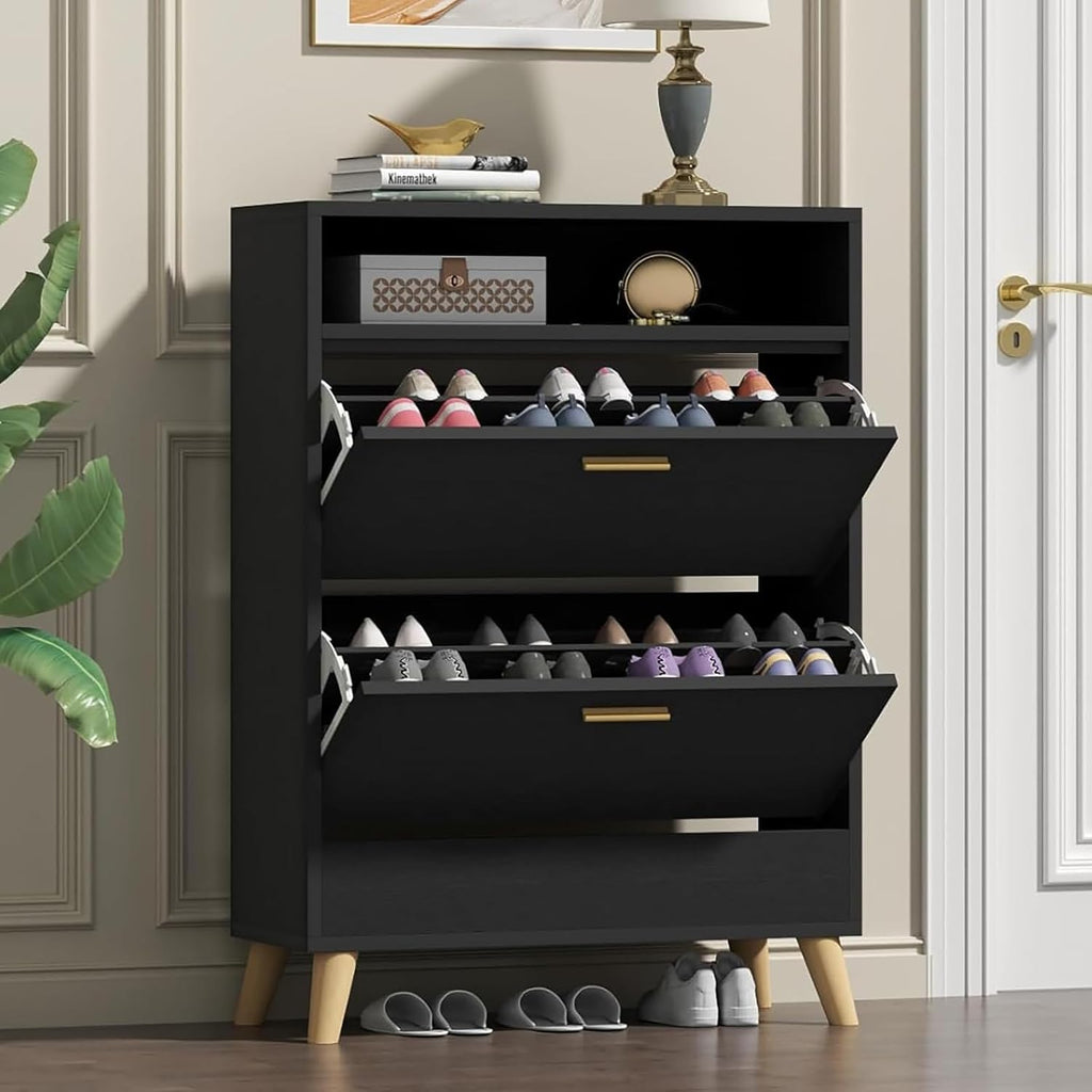 Loomie Shoe Storage Cabinet for Entryway, Free Standing Shoe Organizer with 2 Flip Drawers, Slim Narrow Hidden Shoe Rack Cabinet with Open Shelf, Shoe Cabinet for Hallway, Living Room (Black)
