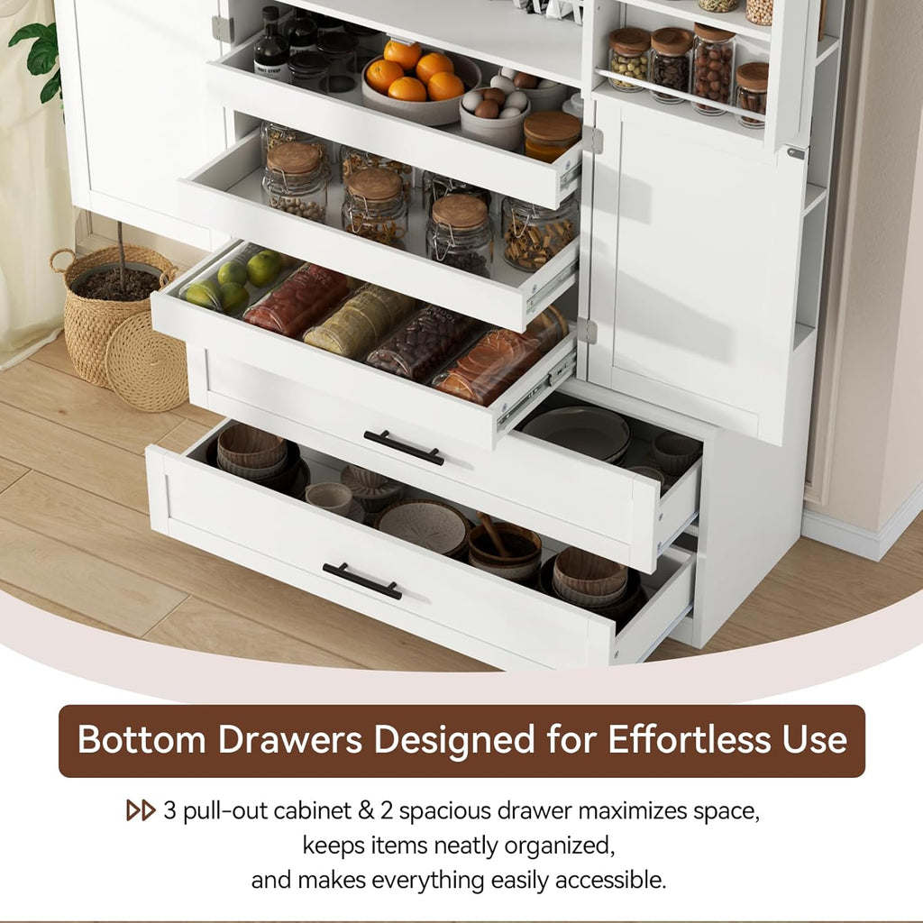 Loomie 66.9" Farmhouse Kitchen Pantry Cabinet, 5 Drawers Storage Cabinet with 4 Side Shelves & 6 Door Shelves, Freestanding Hutch with Doors, Buffet Sideboard, Cupboard for Dining Room, White (White)