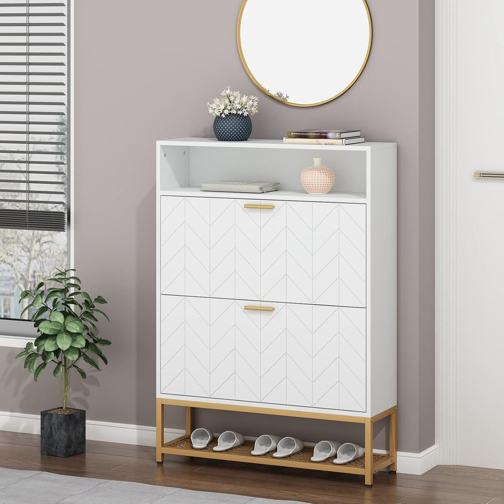 Loomie Shoe Cabinet, Free Standing Tipping Bucket Shoe Rack Organizer with 2 Flip Drawers,Entryway Narrow Shoe Storage with Storage Shelf & Top Cubby,Modern Slim Hidden Shoe Cabinet with Doors, White