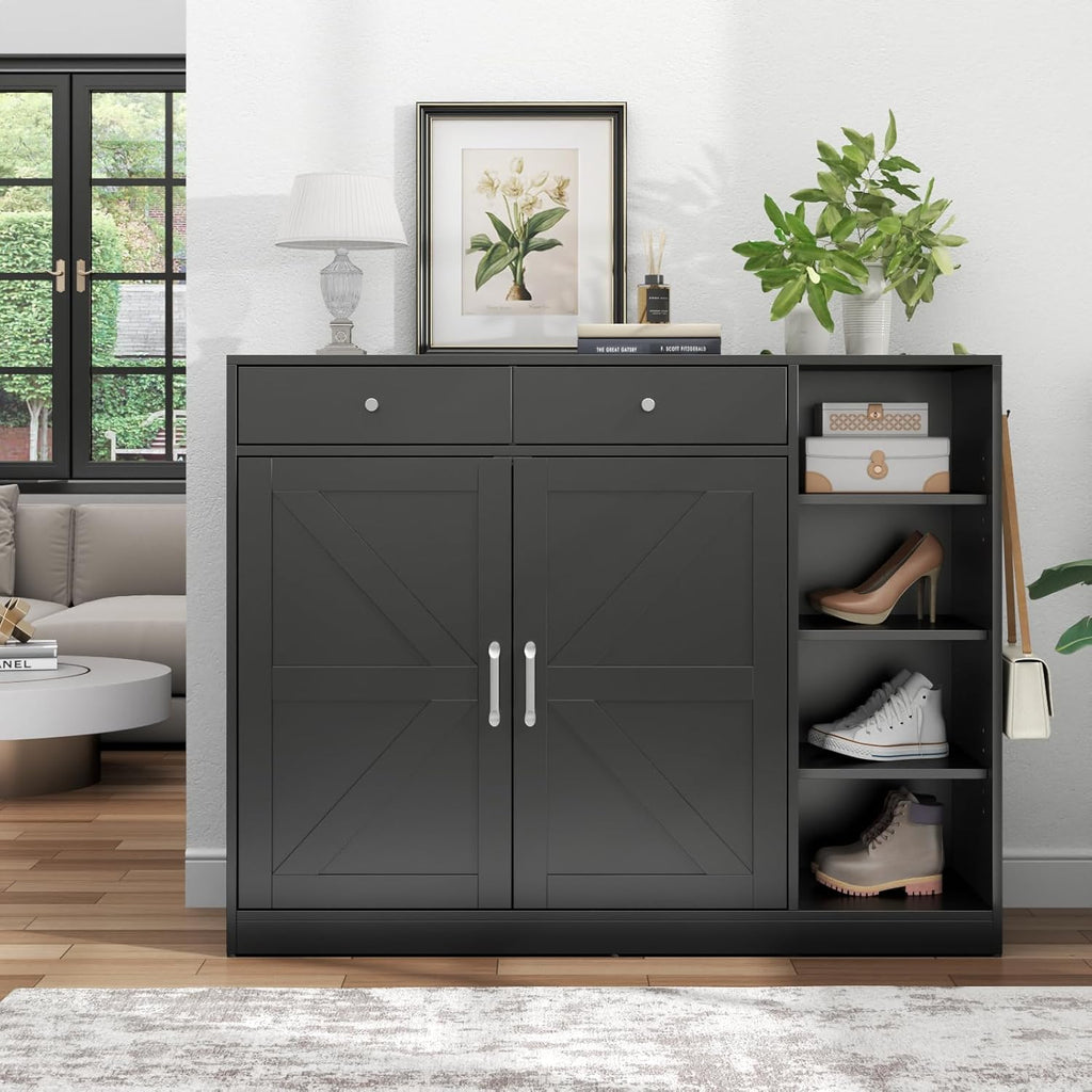 Loomie 5-Tier Shoe Cabinet with 4 Side Cubbies, Farmhouse Shoe Rack Cabinet with 6 Adjustable Shelves & 2 Drawers, Freestanding Shoe Storage Cabinet with 4 Brackets & 2 Hooks for Entryway (Black)