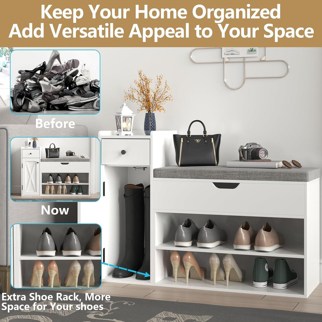 Loomie Shoe Storage Bench, 2-Tier Farmhouse Entryway Bench with Lift Top Storage Box, Drawer & Soft Removable Seat Cushion, Silm Shoe Rack with Shoe Cabinet for Entryway, Hallway, Bedroom, White