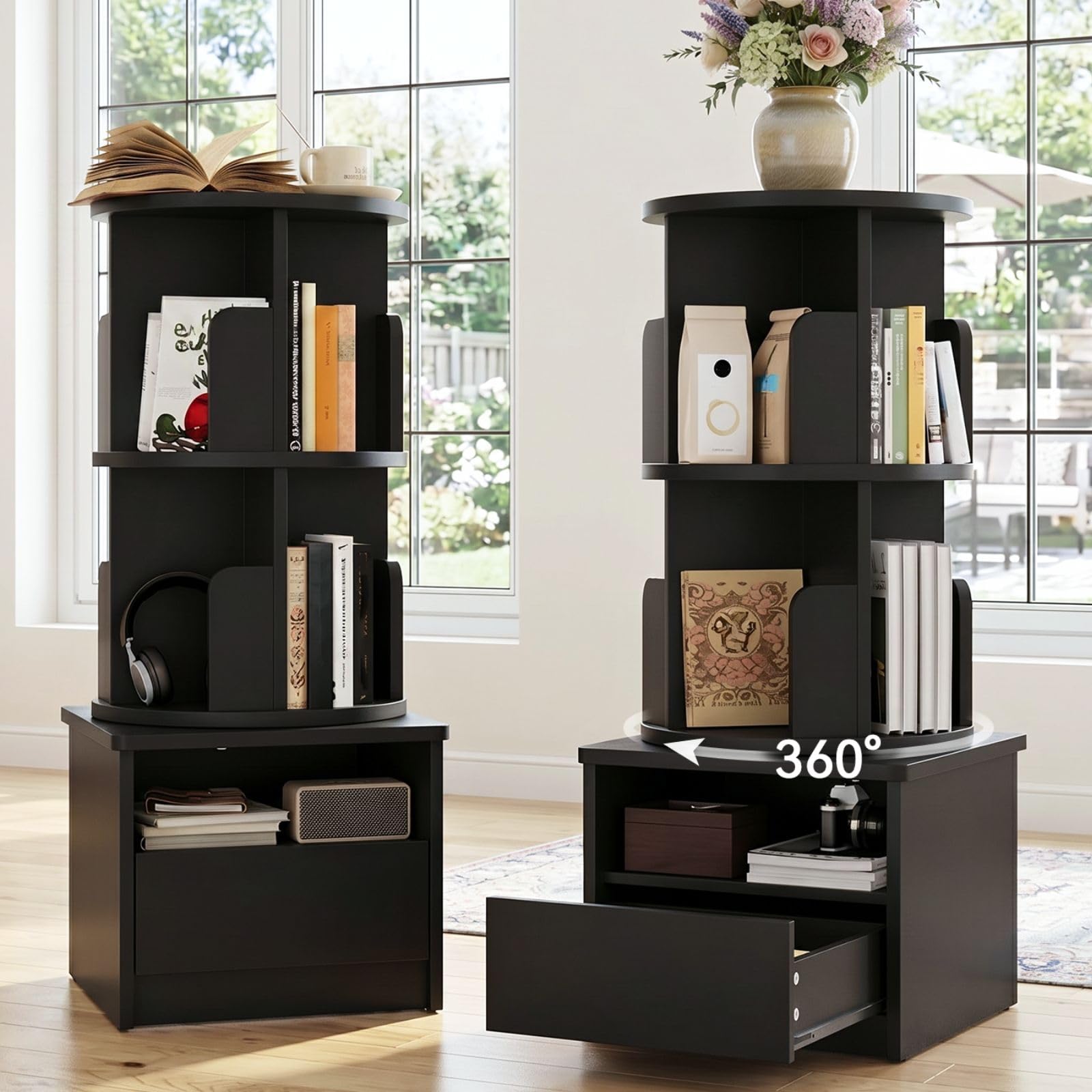 Loomie 39" Tall Nightstand with Drawer, Black Night Stand with 2 Tier Rotating Bookshelf, Bedside Table with Open Storage Shelf, End Side Table for Bedroom