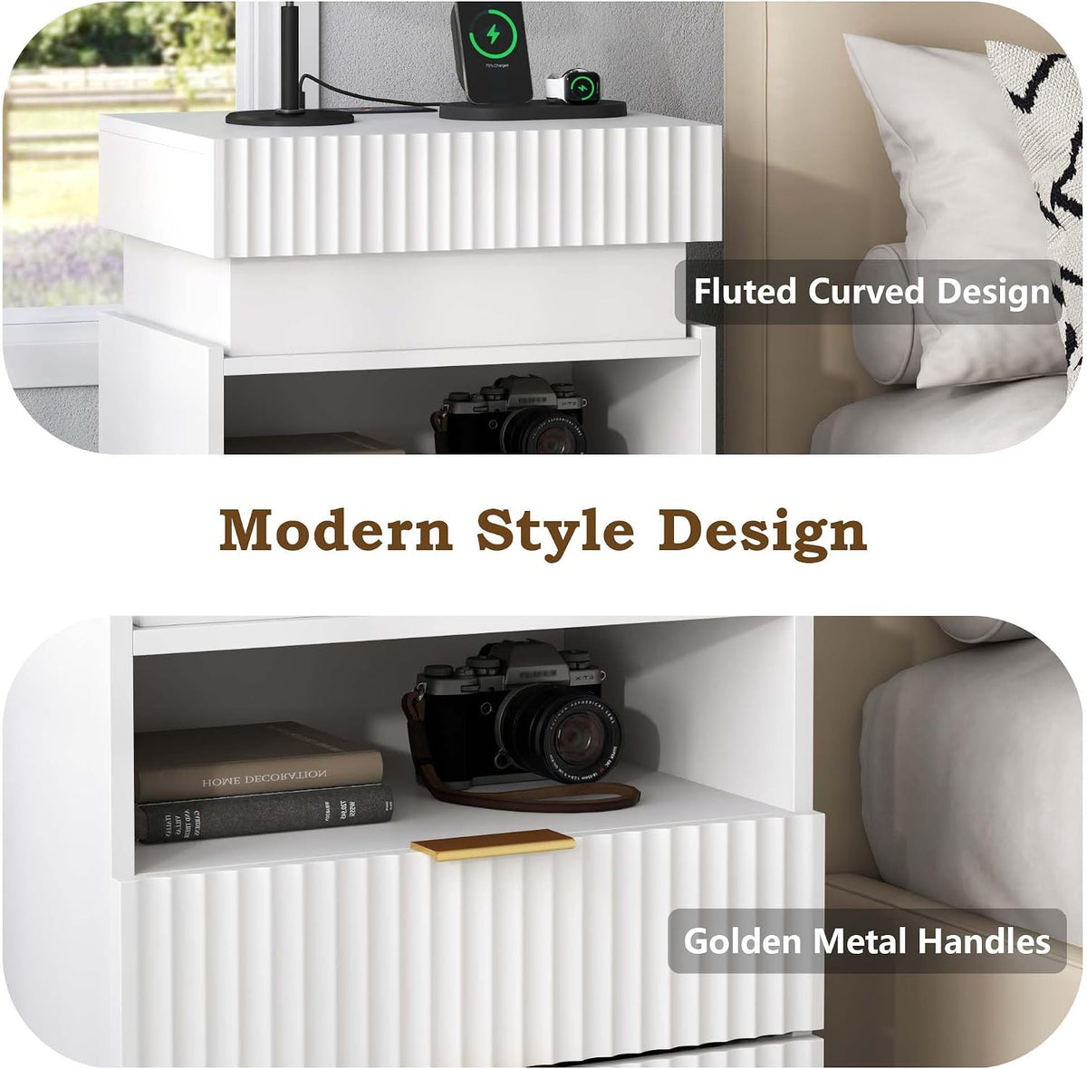Night Stand with Wireless Charging Station, White Bedside Table with Hidden Gun Drawer & LED Lights, Modern End Table with 2 Drawers, Fluted Nightstands with Open Storage Shelf for Bedroom
