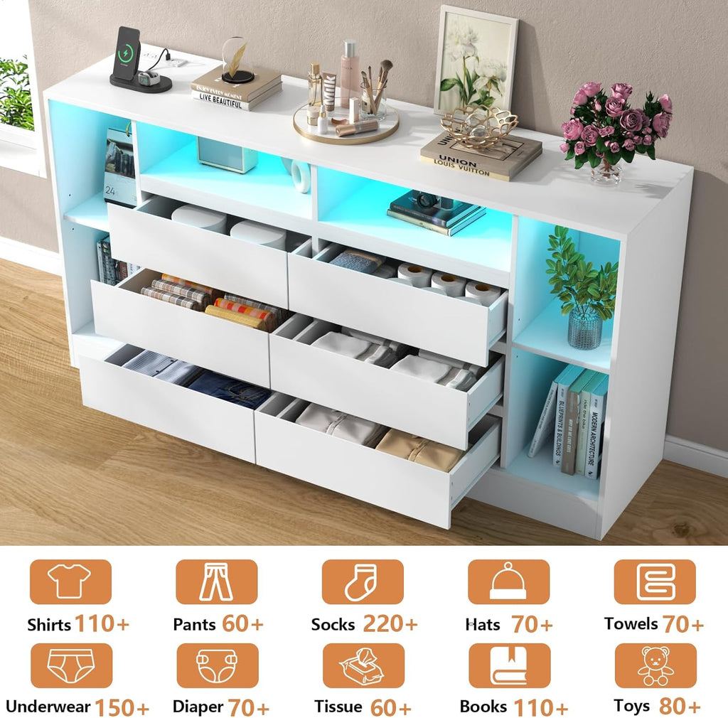 Loomie 6 Drawers Dresser with 6 Open Storage Cubbies, LED Dressers & Chests of Drawers with Power Outlet, 55" Wide Long Dresser for Bedroom, TV Stand with Open Shelf (White)