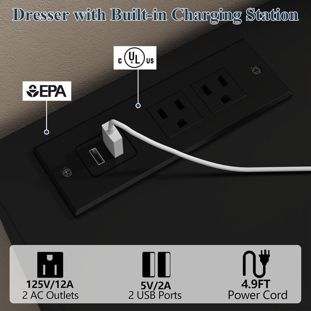 Loomie 12-Cell Divided Drawers Black Dresser with Charging Station & Led Lights for Bedroom, Long 63" Wide Dresser TV Stand for TVs up to 75", Large Dressers Organizer with 4 Open Cubbies