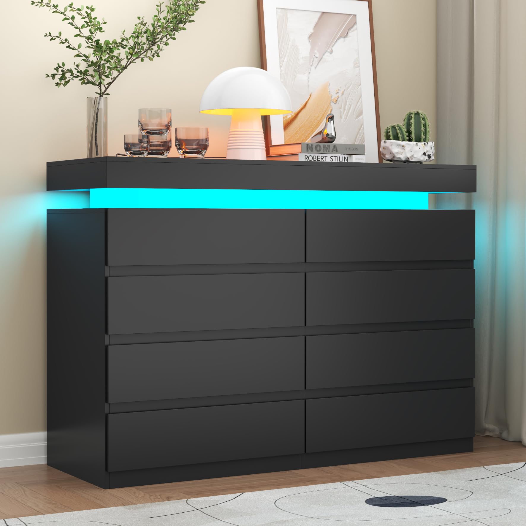Gyfimoie 9 Drawer Dresser with Power Outlet, Dresser with LED Light, Modern Chest of Drawers for Closet, Double Wide Drawer Organizer Cabinet for Bedroom, Living Room (White, 9 Drawers)