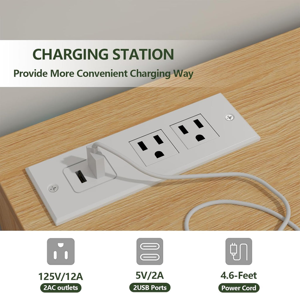 Loomie 9 Drawers Dresser, 63'' White Chests of Drawers with Power Outlet, Accent Large Double Dresser with LED Light, Modern Storage Dresser for Bedroom, Living Room (White&Light Walnut)