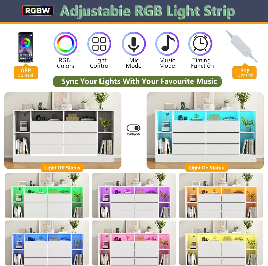 Loomie 6 Drawers Dresser with 6 Open Storage Cubbies, LED Dressers & Chests of Drawers with Power Outlet, 55" Wide Long Dresser for Bedroom, TV Stand with Open Shelf (White)