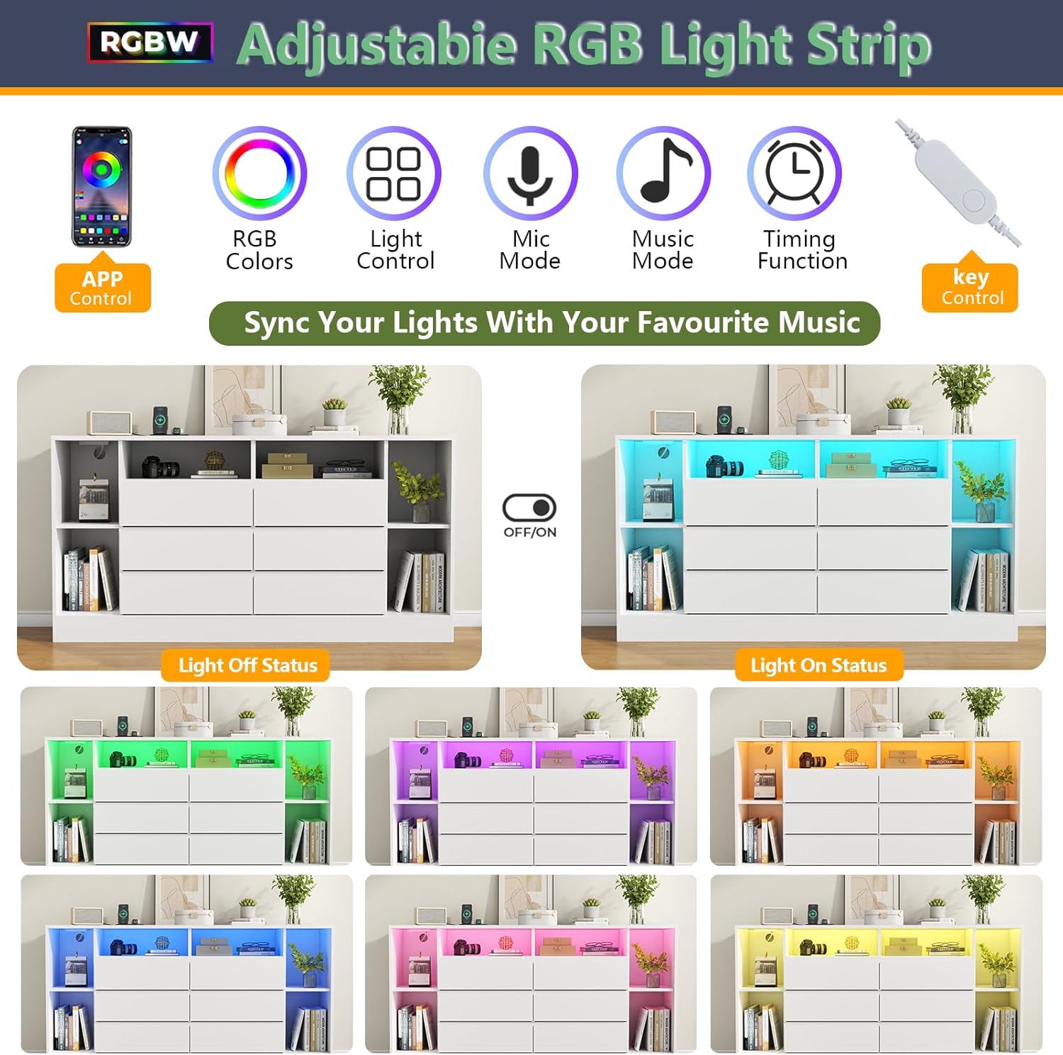 Loomie 6 Drawers Dresser with 6 Open Storage Cubbies, LED Dressers & Chests of Drawers with Power Outlet, 55" Wide Long Dresser for Bedroom, TV Stand with Open Shelf (White)