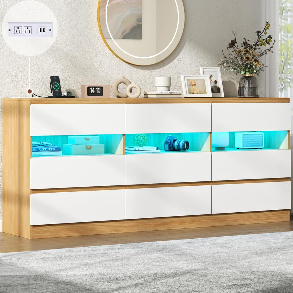 Loomie 9 Drawer Triple Dresser with Charging Station & Led Lights for Bedroom,Long 63" Dresser TV Stand for TVs up to 75",Wide Large Drawer Dressers Organizer with 3 Cubbies for Hallway, Light Wood