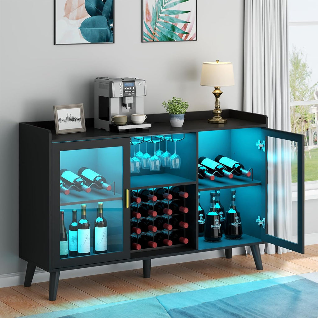 Loomie Wine Bar Cabinet with LED Light, Home Coffee Cabinet with Wine Rack and Glass Holder, Kitchen Buffet Sideboard W Storage Shelf, Freestanding Liquor Cabinet for Living Room, Dining Room (Black)