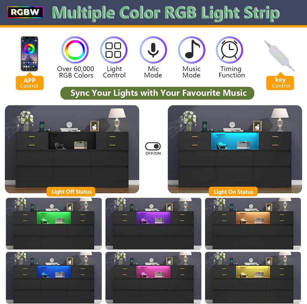 Loomie Upgraded 10 Drawer Black Dresser with Charging Station & Led Lights for Bedroom, 58" Long Triple Wide Dresser TV Stand for TVs up to 65", Wide Chest of Drawer, Large Dressers Organizer wCubby