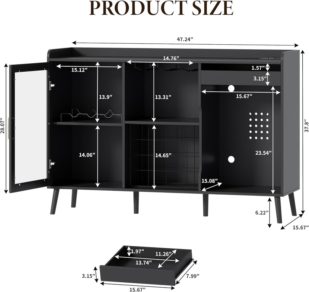 Coffee Bar Cabinet with Open Compartment, Kitchen Coffee Station with Power Outlets & LED Light, Modern Coffee Bar Table with Storage Cabinet, Coffee Bar Furniture for Kitchen, Living Room, Black