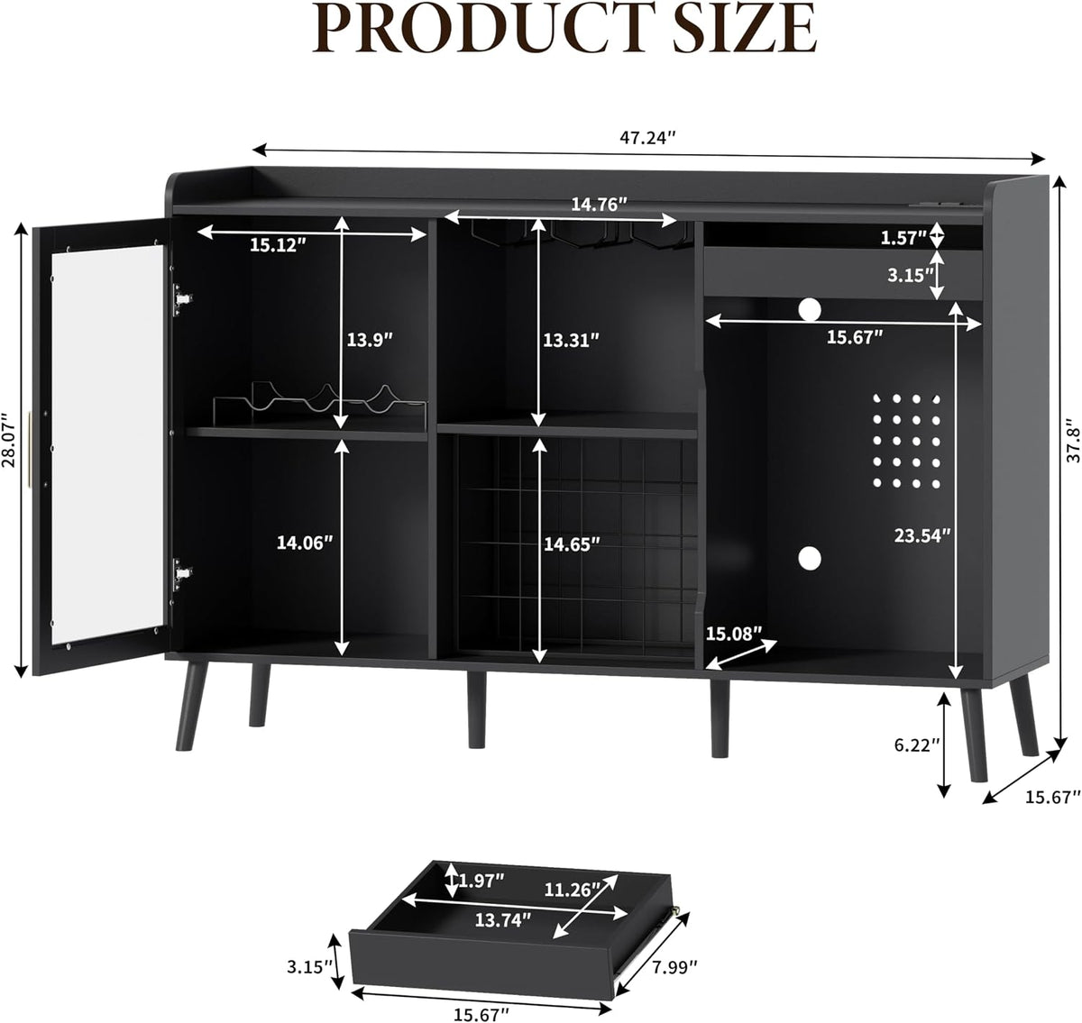 Coffee Bar Cabinet with Open Compartment, Kitchen Coffee Station with Power Outlets & LED Light, Modern Coffee Bar Table with Storage Cabinet, Coffee Bar Furniture for Kitchen, Living Room, Black