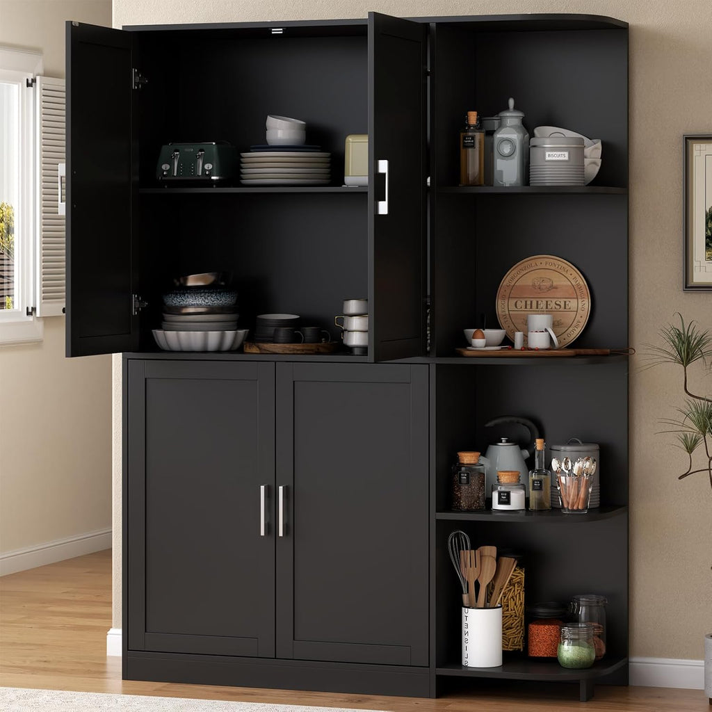 Loomie Kitchen Pantry Storage Cabinet, 64" Tall Freestanding Cupboard with Doors & Adjustable Shelves, Food Pantry Cabinet with 5-Tier External Shelf for Dining Room (Black)