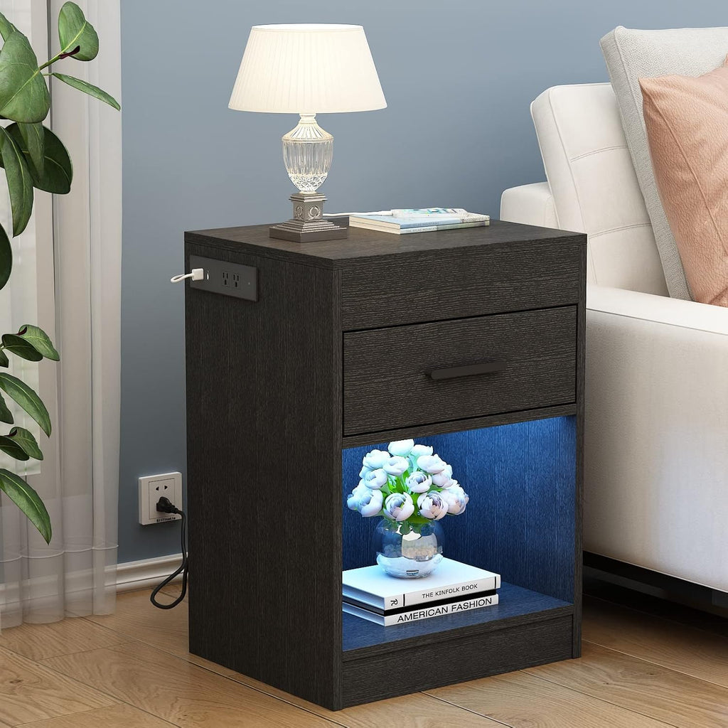Auromie Nightstand with Charging Station and LED Lights, Concealment Furniture with RFID Lock Cabinet and Power Outlets, Bedside Table with Hidden Compartment for Valuables Storage, Black