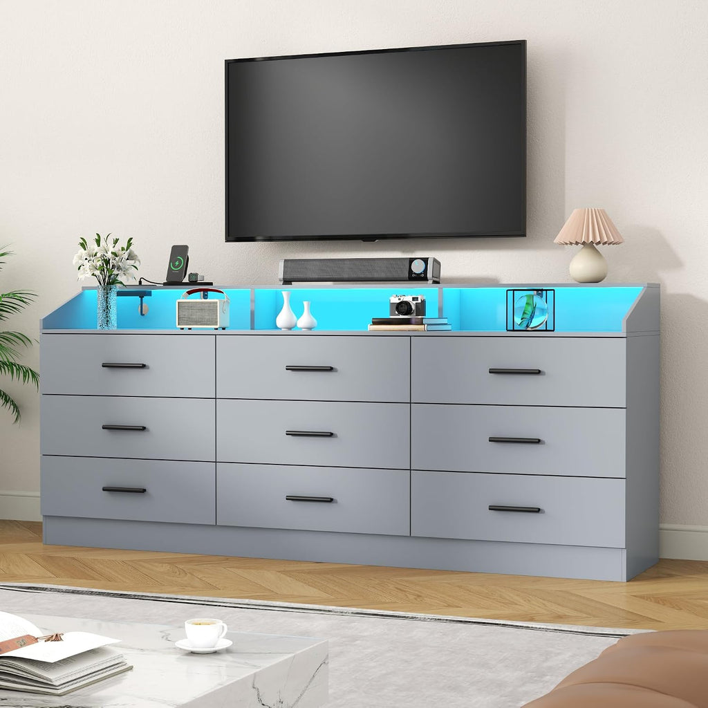 9 Drawer Dresser with Power Outlet, Chest of Drawers with LED Light