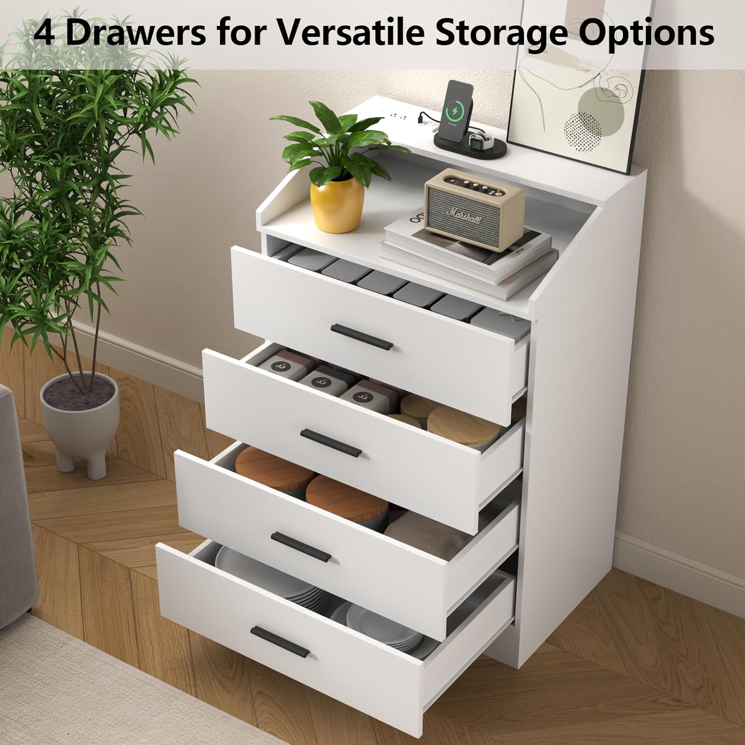 Gyfimoie 4 Drawers Dresser with Power Outlet, Chest of Drawers with LED Light, White Dresser Organizer with Open Storage Cubby, Modern Nightshatnd for Bedroom, Living Room, Entryway, Hallway