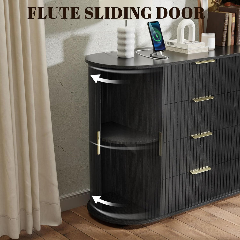 Loomie Fluted 8 Drawers Dresser for Bedroom, 55.12" Wide Dressers & Chest of Drawers w/2 Sliding Doors & Charging Station,Curved Profile Design,Wooden Closet Storage Cabinet,Modern Dresser TV Stand