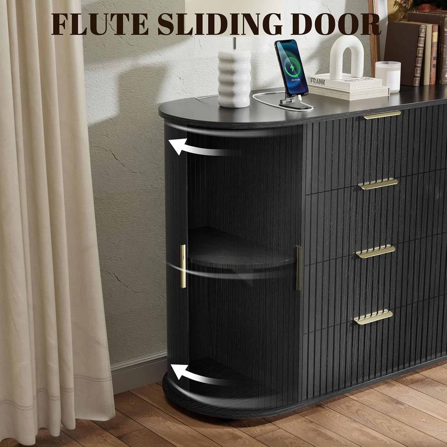 Loomie Fluted 8 Drawers Dresser for Bedroom, 55.12" Wide Dressers & Chest of Drawers w/2 Sliding Doors & Charging Station,Curved Profile Design,Wooden Closet Storage Cabinet,Modern Dresser TV Stand