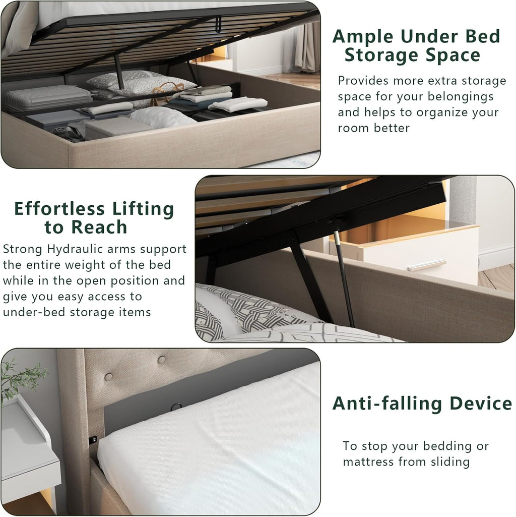 Queen Lift Up Storage Bed Frame w/Charging Station & LED Lights,Beige