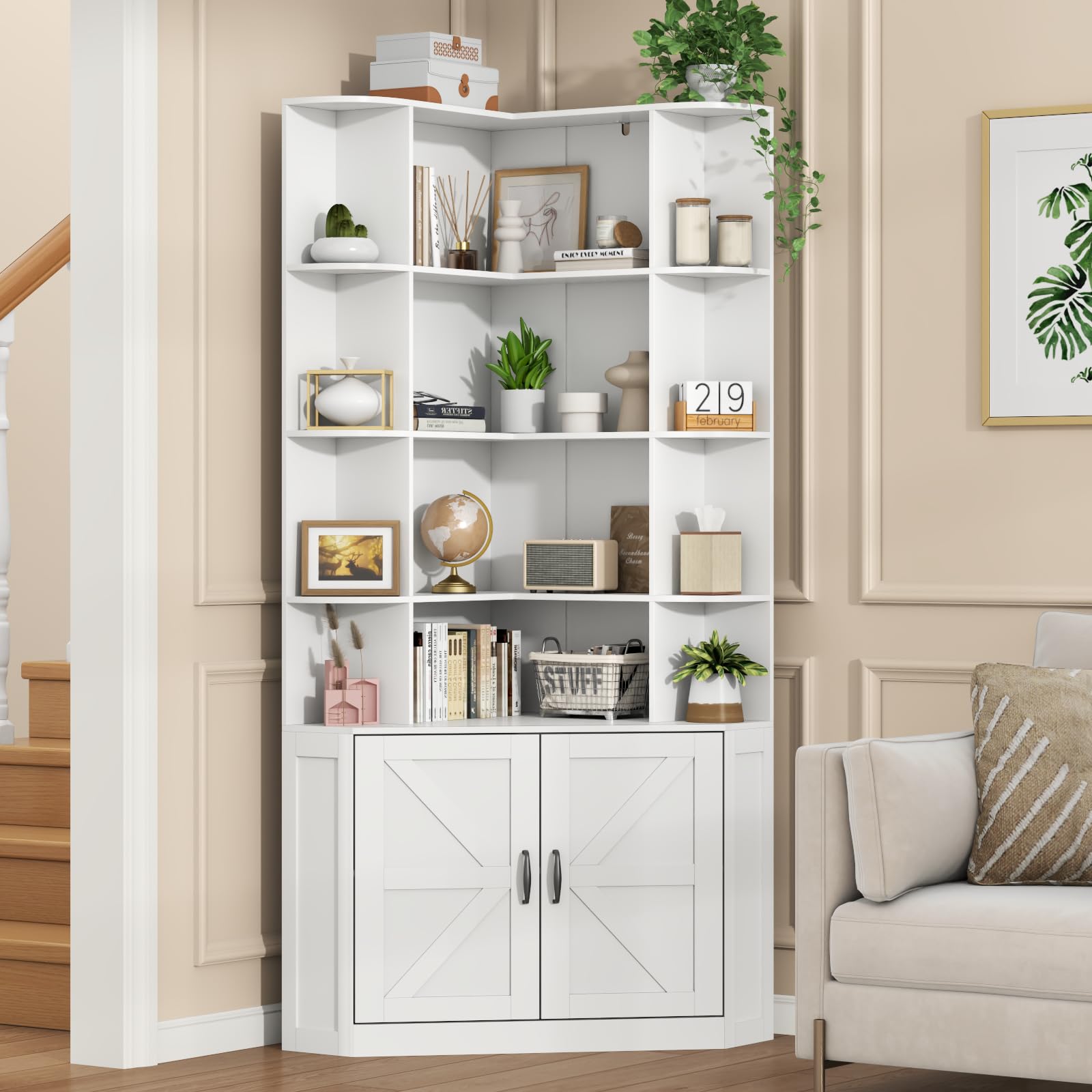 Corner Bookshelf with Doors, 6 Tier Corner Bookcase with Storage Cabinet, Black L-Shaped Book Shelf with 8 Open Racks , Farmhouse Etagere Bookshelf with Full Baffle for Living Room Home Office