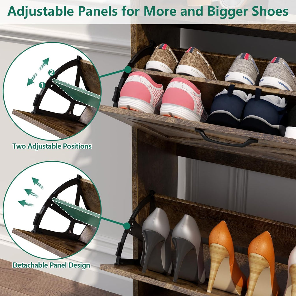 Loomie Shoe Cabinet with 4 Flip Drawers, Farmhouse Shoe Storage Cabinet with 2 Open Cubbies, Freestanding Narrow Hidden Shoe Rack Organizer with Solid Wood Legs for Entryway, Hallway (Rustic Brown)