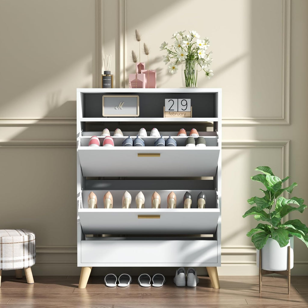 Loomie Shoe Storage Cabinet for Entryway, Free Standing Shoe Organizer with 2 Flip Drawers, Slim Narrow Hidden Shoe Rack Cabinet with Open Shelf, Shoe Cabinet for Hallway, Living Room (Off White)
